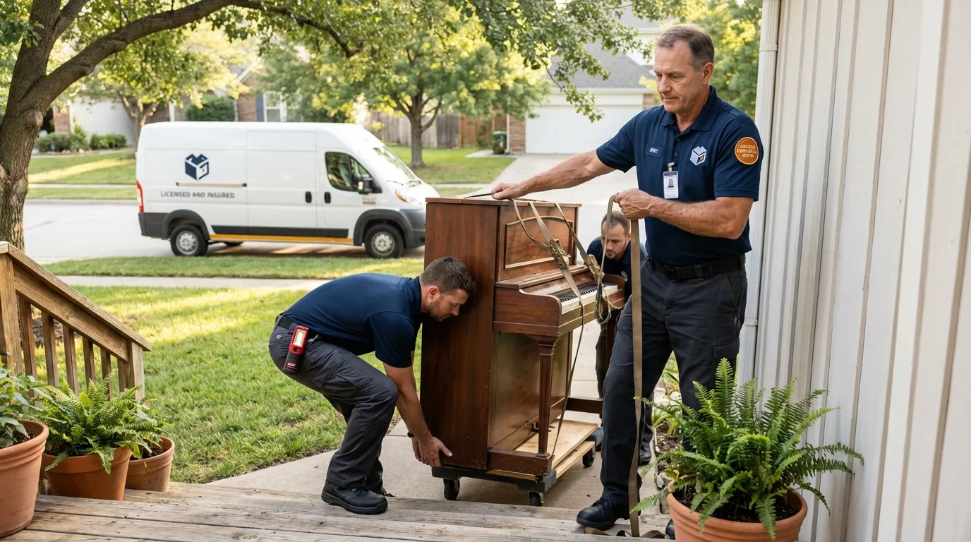 Licensed piano movers securing grand piano in Wynne, AR