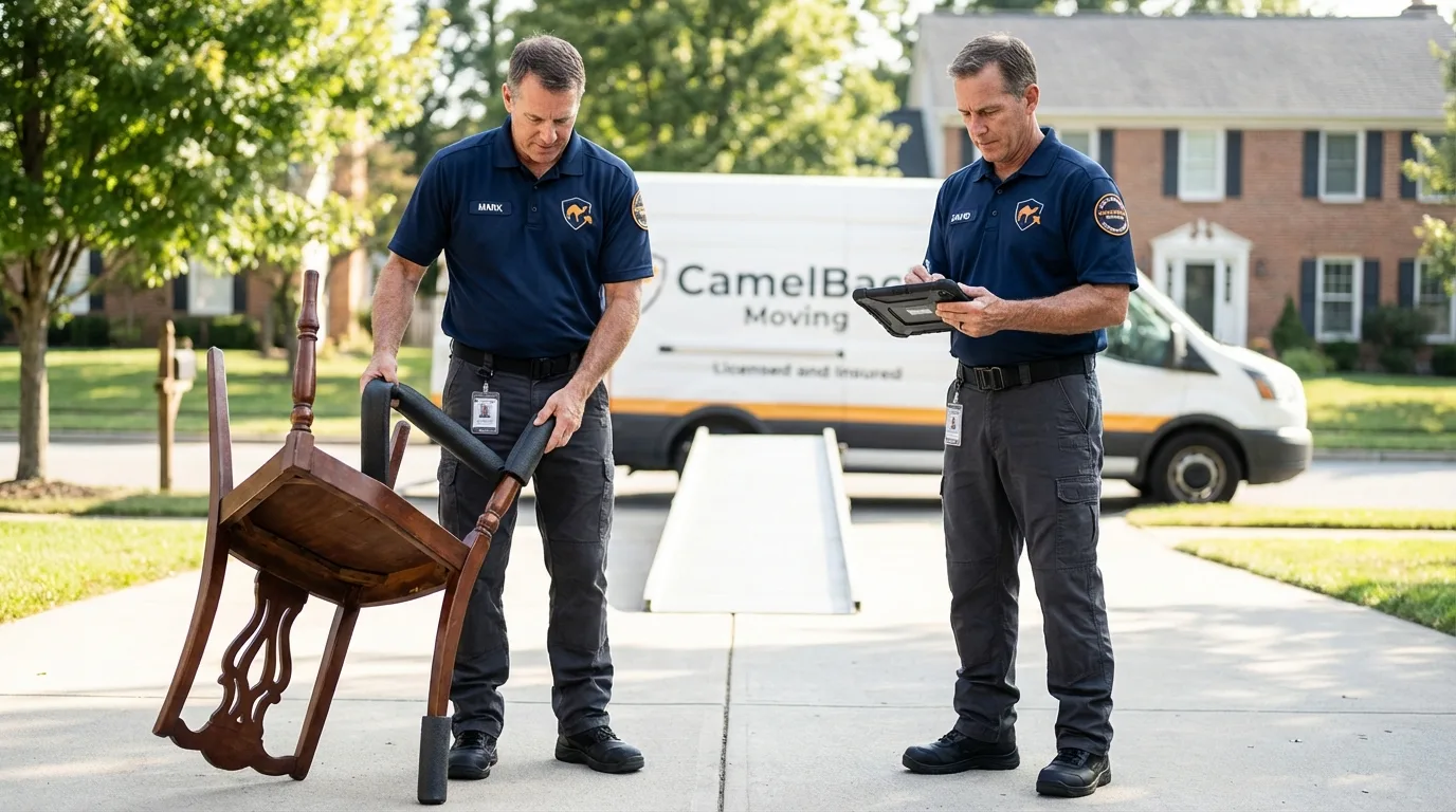Movers inspecting furniture for damage prevention before loading in Wynne, AR