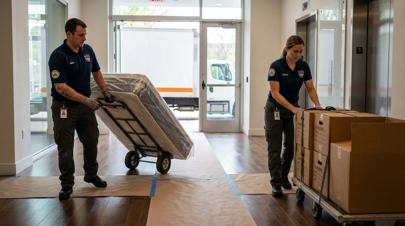 Professional apartment movers loading elevator in Wynne, AR